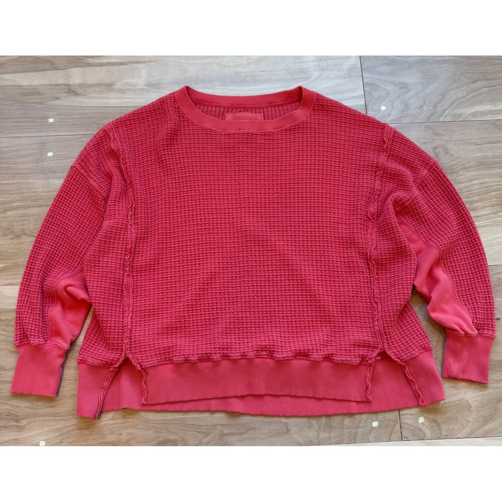 American Eagle Seriously Lived-In Waffle Knit Thermal Oversized Top Pink Red S